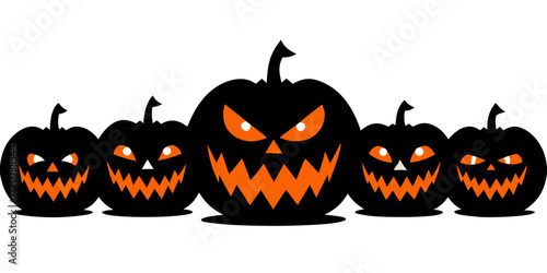 Illustration of a group of five black jackolanterns with carved menacing faces and glowing orange eyes, arranged in a row with a larger pumpkin in the center, isolated on a