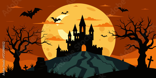 Illustration of halloween scene with a silhouetted haunted castle on a hill under a large full moon, framed by bare trees, with bats and crosses, set against an orange and dark sky