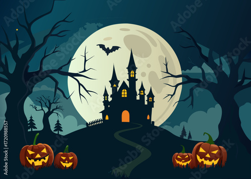Illustration of spooky halloween night scene with a haunted castle silhouetted against a large full moon, surrounded by bare trees and jackolanterns, with bats flying in the dark sky