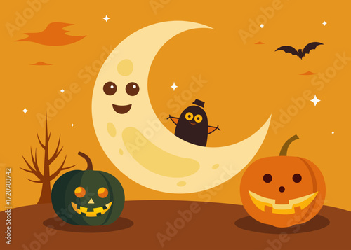 Illustration of whimsical halloween scene featuring a smiling crescent moon with a cute ghost peeking out, two carved pumpkins, a bare tree, and a bat flying in the orange night sky