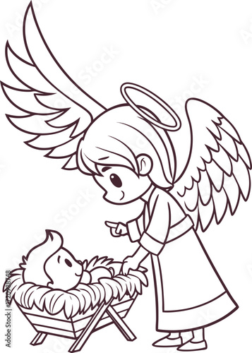 line art angel standing near the manger with wings.eps