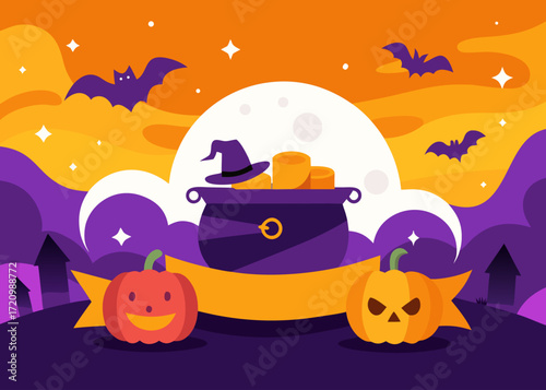 Illustration of halloween night scene with a full moon, bats, a witchs cauldron, and pumpkins, creating a magical and eerie atmosphere for the holiday