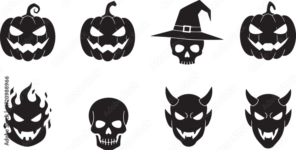 Obraz premium Jack O’Lantern, Skull, and Devil Masks – Horror Vector Emblems Collection