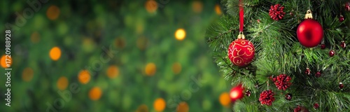Christmas Tree with Red Ornaments and Bokeh Background