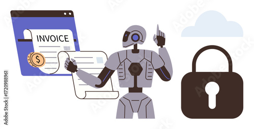 Robot reviewing online invoice on digital screen, lock icon symbolizing data security, cloud background. Ideal for finance, AI, cybersecurity, cloud storage, data integration, automation fintech