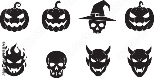 Jack O’Lantern, Skull, and Devil Masks – Horror Vector Emblems Collection