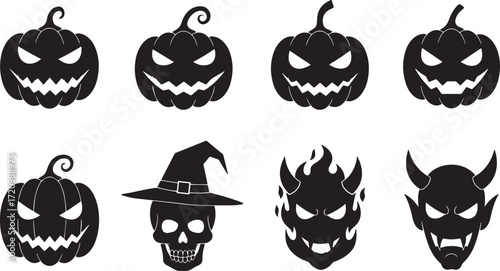Creepy Pumpkins, Flaming Demons, and Witch Skull – Halloween Icon Set