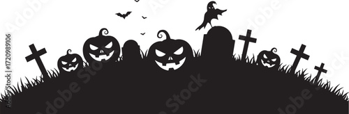 Haunted Graveyard Pumpkins – Crosses, Ghost and Bats Silhouette Scene