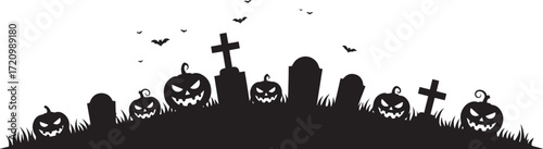 Pumpkin Graveyard Silhouette – Spooky Headstones and Flying Bats