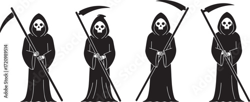 Four Grim Reapers – Hooded Skeletons Holding Scythes Vector