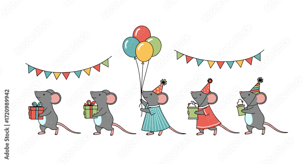 Fototapeta premium Cute mice celebrating a birthday party with presents and balloons.
