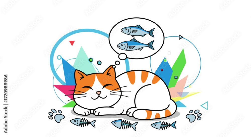 Fototapeta premium A cute cat dreams of catching fish and eating them.