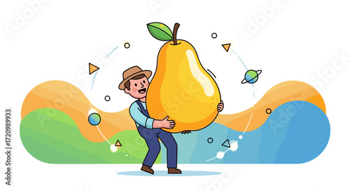 A happy farmer holding a very large pear surrounded by abstract shapes and planets.