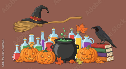 A whimsical collection of halloween potions pumpkins and a witchs broomstick.