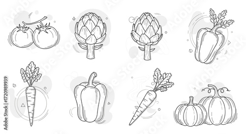 Collection of hand drawn fresh vegetables in sketch style with watercolor splash accents.