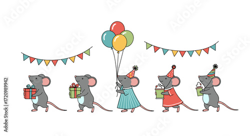 Cute mice celebrating a birthday party with presents and balloons.