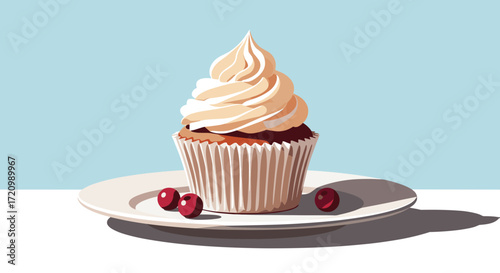 A single delicious cupcake topped with creamy frosting and garnished with three small red berries sits on a white plate.