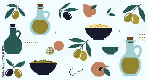 An assortment of olive oil bottles olives and bowls with ingredients.