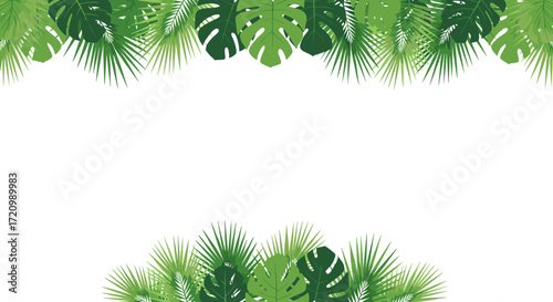 An arrangement of lush green tropical leaves forming a decorative border on a white background.