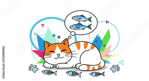 A cute cat dreams of catching fish and eating them.