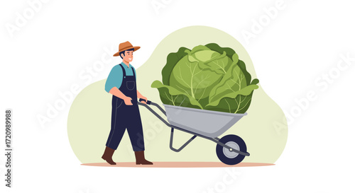 A farmer pushes a wheelbarrow full of a giant cabbage in a field.