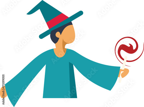 Magician wearing classic hat and robe performing a trick with magic wand and red swirl