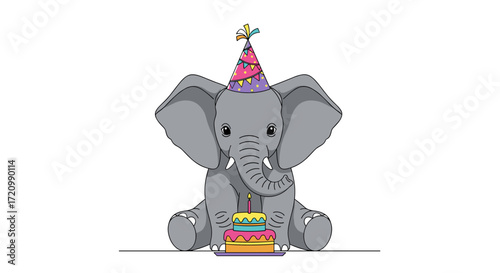 A cute baby elephant wears a colorful party hat and sits beside a delicious birthday cake with a lit candle.