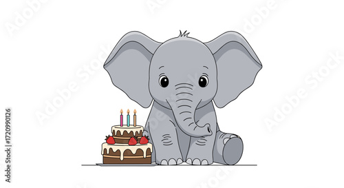 A cute baby elephant sits next to a delicious birthday cake with lit candles.