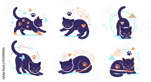 A delightful collection of playful black kittens with artistic embellishments and paw prints.