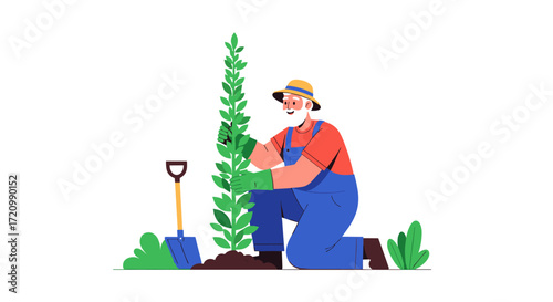 An elderly man with a beard and hat wearing blue overalls and green gloves is planting a tall green sapling in the ground next to a shovel and some bushes.