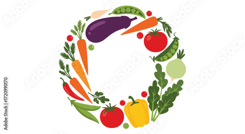 Fresh organic vegetables arranged in a circular wreath shape on a white background. healthy eating concept.