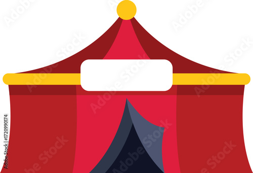 Red and yellow big top circus tent with blank banner, inviting visitors to enter and be amazed by the show