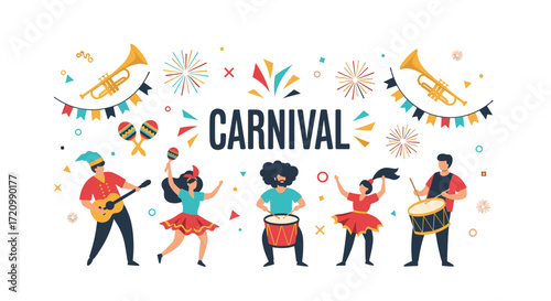 A vibrant and energetic carnival scene with musicians and dancers celebrating.