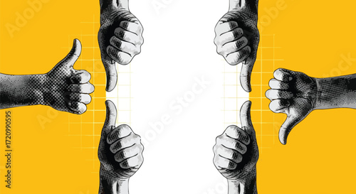 Thumbs up and thumbs down hands on yellow background.