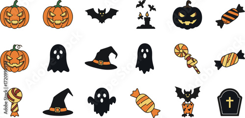 Mixed Halloween Icons – Pumpkins, Ghosts, Hats, Bats, Candy and Gravestone