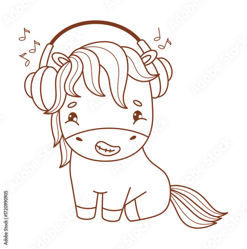 Outline Happy Horse in Headphones. Cute Adorable Little Pony Kawaii Animal. Line drawing, coloring book. Vector illustration. Kids collection. Not AI
