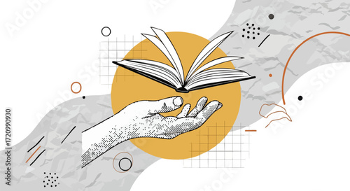 An open book floats above a hand, symbolizing knowledge and learning, set against a backdrop of abstract shapes and textures.