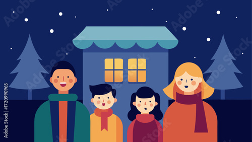 Family standing outside house at night
