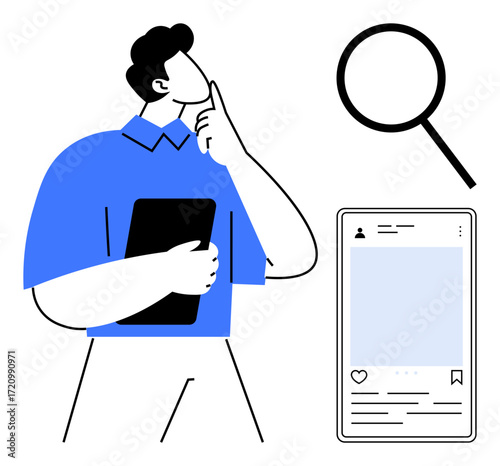 Man with tablet thinking, large magnifying glass, and blank social media post. Ideal for content creation, online research, social media analysis, decision-making, digital strategy, knowledge