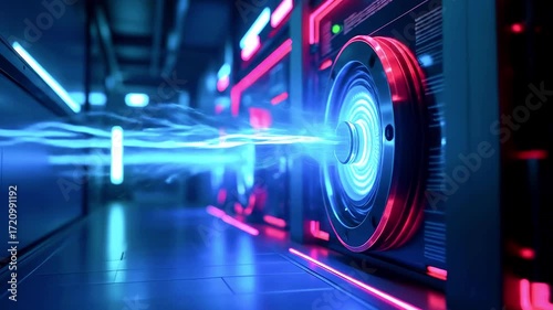 Futuristic hallway with glowing speakers emitting energy waves, showcasing advanced technology ambiance