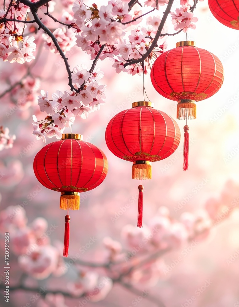 Obraz premium Red paper lanterns float like glowing balloons in the dark sky, a beautiful new year's celebration decoration over a Chinese temple roof