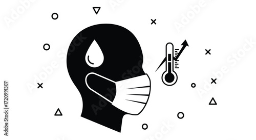Illustration of a sick person with fever, wearing a face mask
