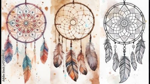Dreamcatchers in watercolor and line art styles