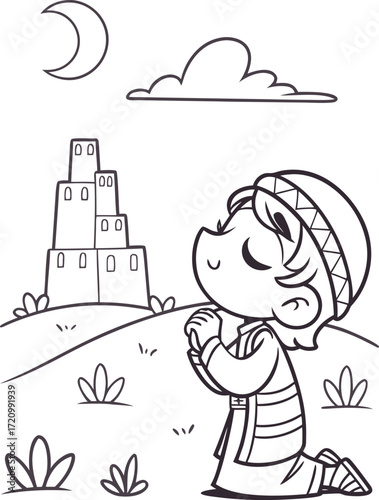 line art daniel praying in babylon with a skyline .eps