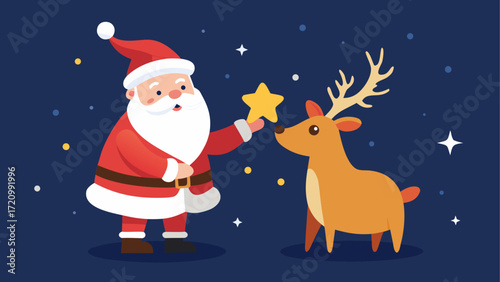 Santa giving star to reindeer at christmas