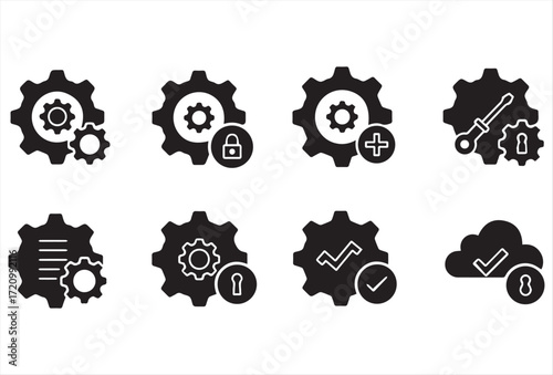 A collection of black gear and settings icons in a minimalist flat style. This set includes various configurations such as gears with tools, locks, check marks, and network connections, representing c