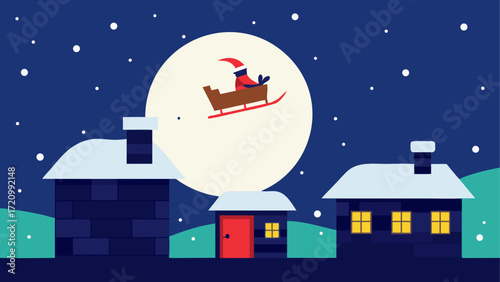 Santa flying over snowy town at night time