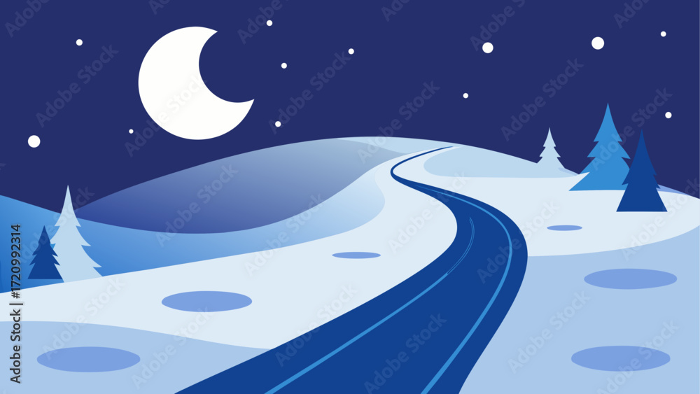 Fototapeta premium Winter landscape with road and crescent moon