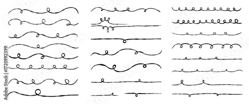 Corrugated Waves. Line doodle. Openwork Vignettes textured hand-drawn set. Isolated Vector scribble Wave ornament pattern, horizontal underline, wavy, billowy, thin line background. Not AI