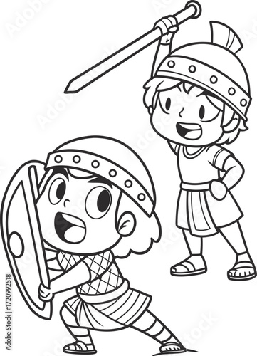 line art david facing goliath with a sling  cute k.eps